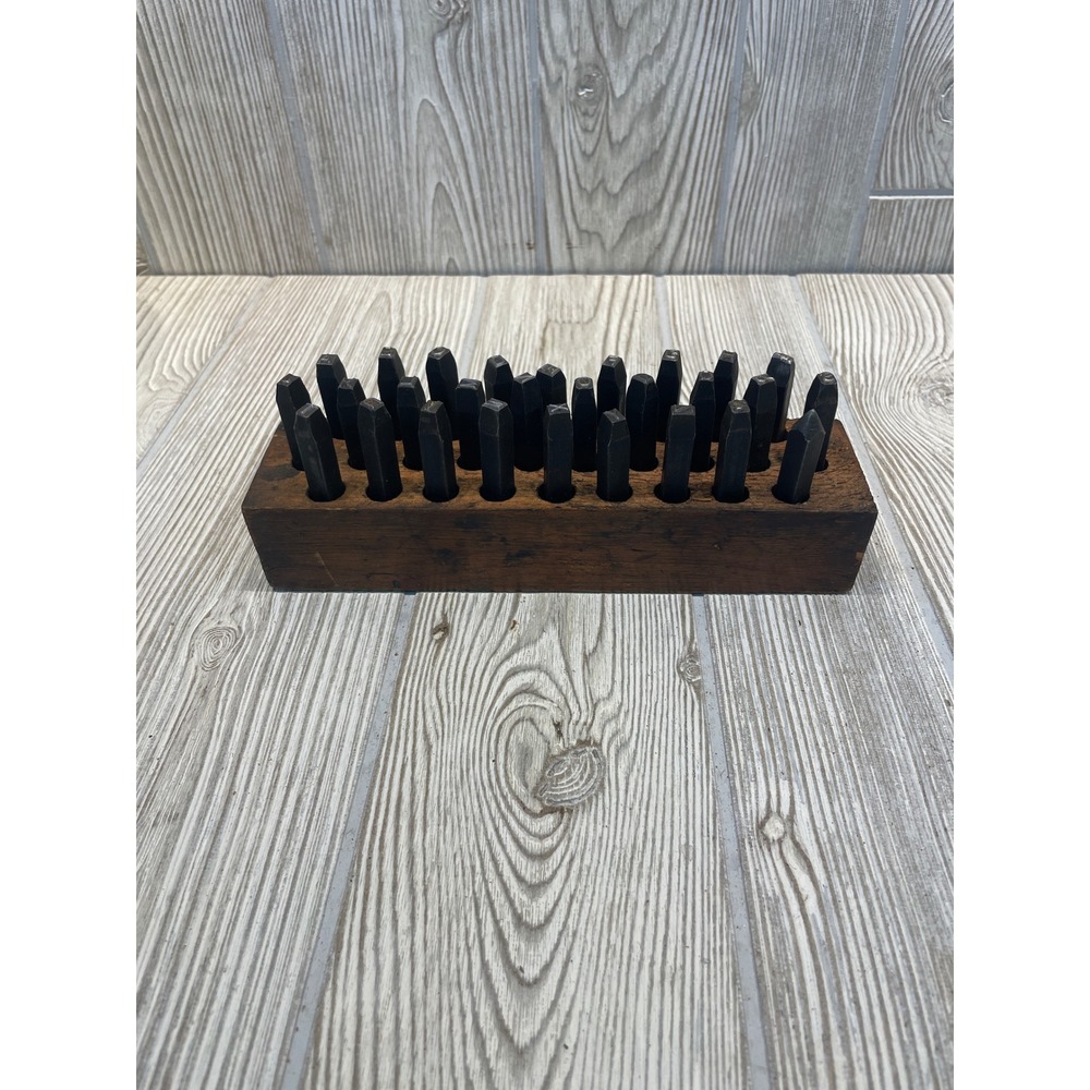 Vintage Industrial Metal Letter Stamp Set Alphabet A-Z with Wooden Storage Box